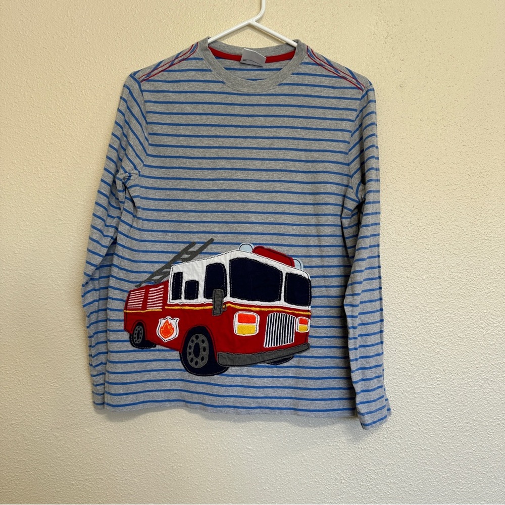 Hanna Andersson fire truck applique long sleeve shirt with pin stripes 14-16 y